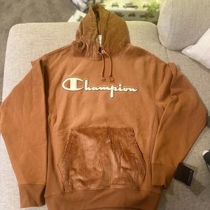 Champion Corduroy Cotton Blend Men’s Long Sleeve Brown Pullover Hoodie